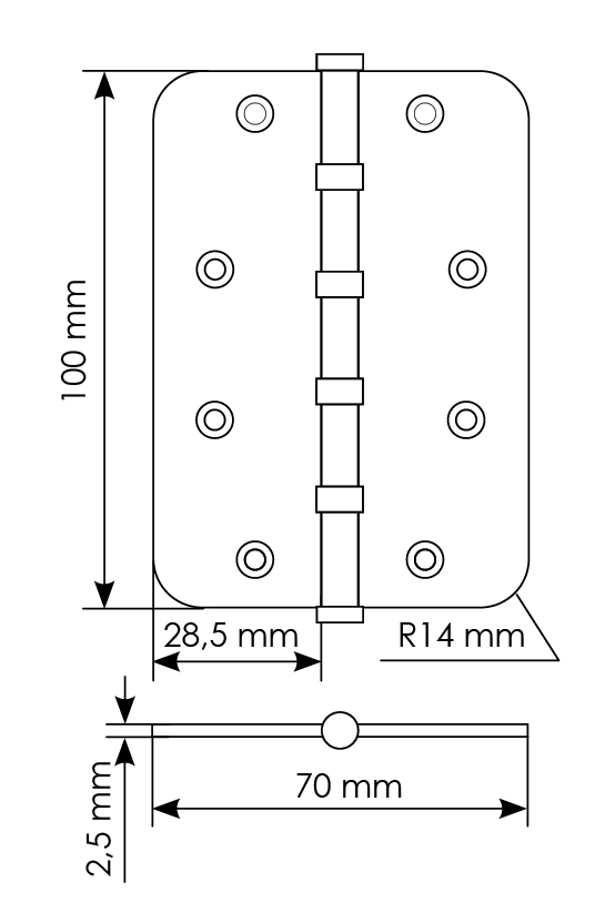 Петля стальная MSN-C 100X70X2.5-4BB SG скругленная универсальная с подшипником, вес полотна до 40 кг, цвет матовое золото фото купить в Ижевске
